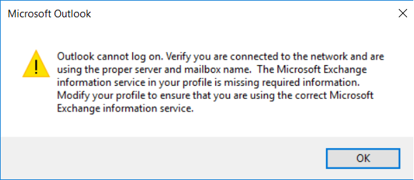 Cannot log in. Outlook cannot. Microsoft Exchange Outlook. Cant find user. You cannot Logon.