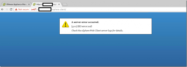 vSphere Client 500 SSO Error:null