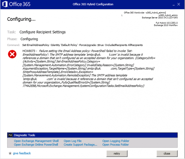 Hybrid Configuration Failure setting the email address policy
