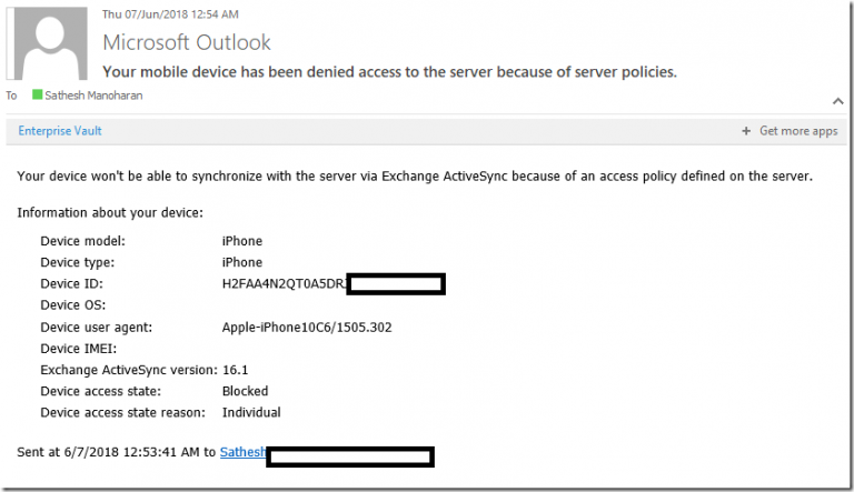 Your device won’t be able to synchronize with the server via Exchange ActiveSync because of an access policy defined on the server