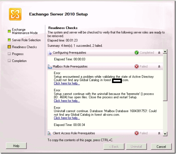 Could not find any global catalog while Exchange server removal