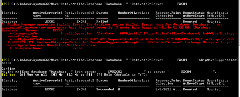 Move for the database was suppressed
