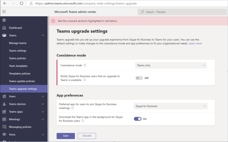 Switching to Teams only Mode unsaved sections error